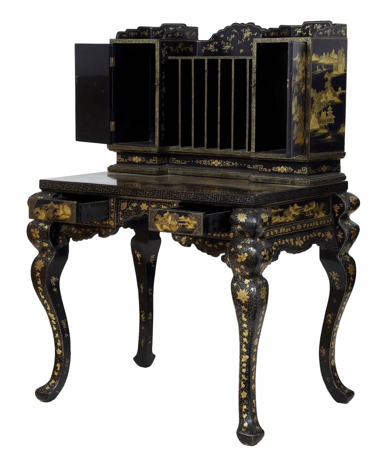 1920s Oriental, Black Lacquered and Gold Decorated Desk and Chair