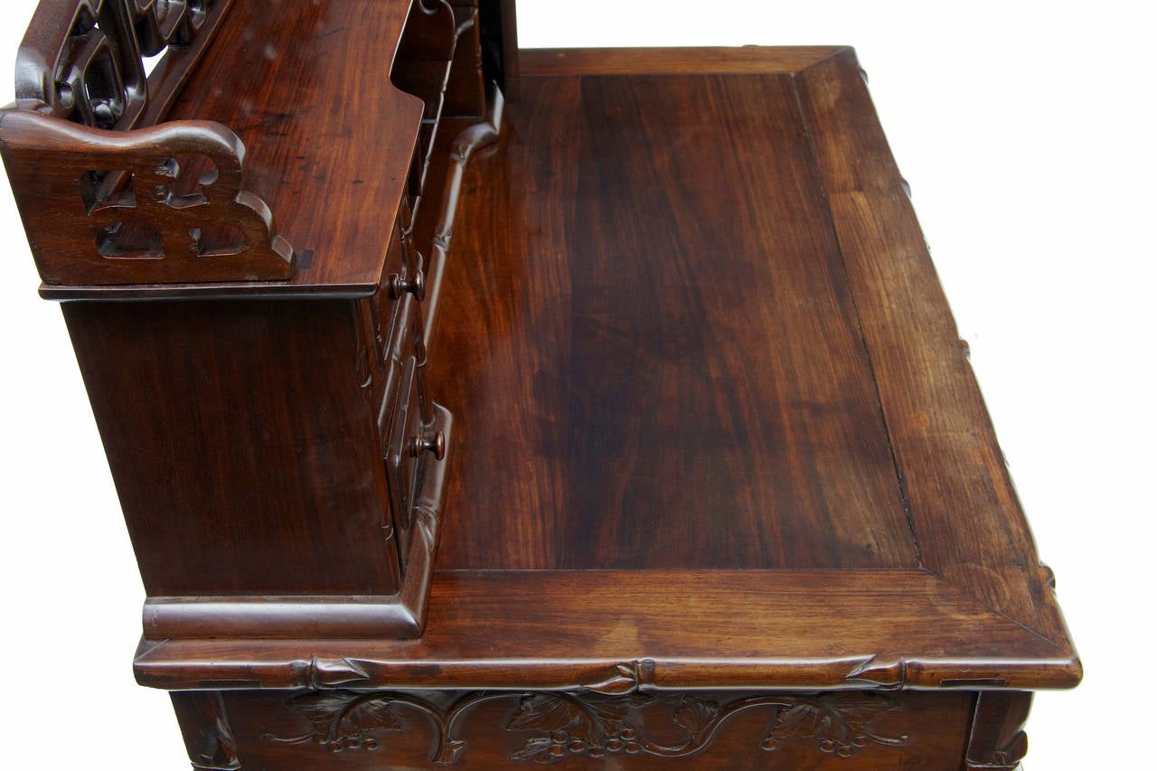 Woodwork 19th Century Carved Hongmu Chinese Desk and Stool