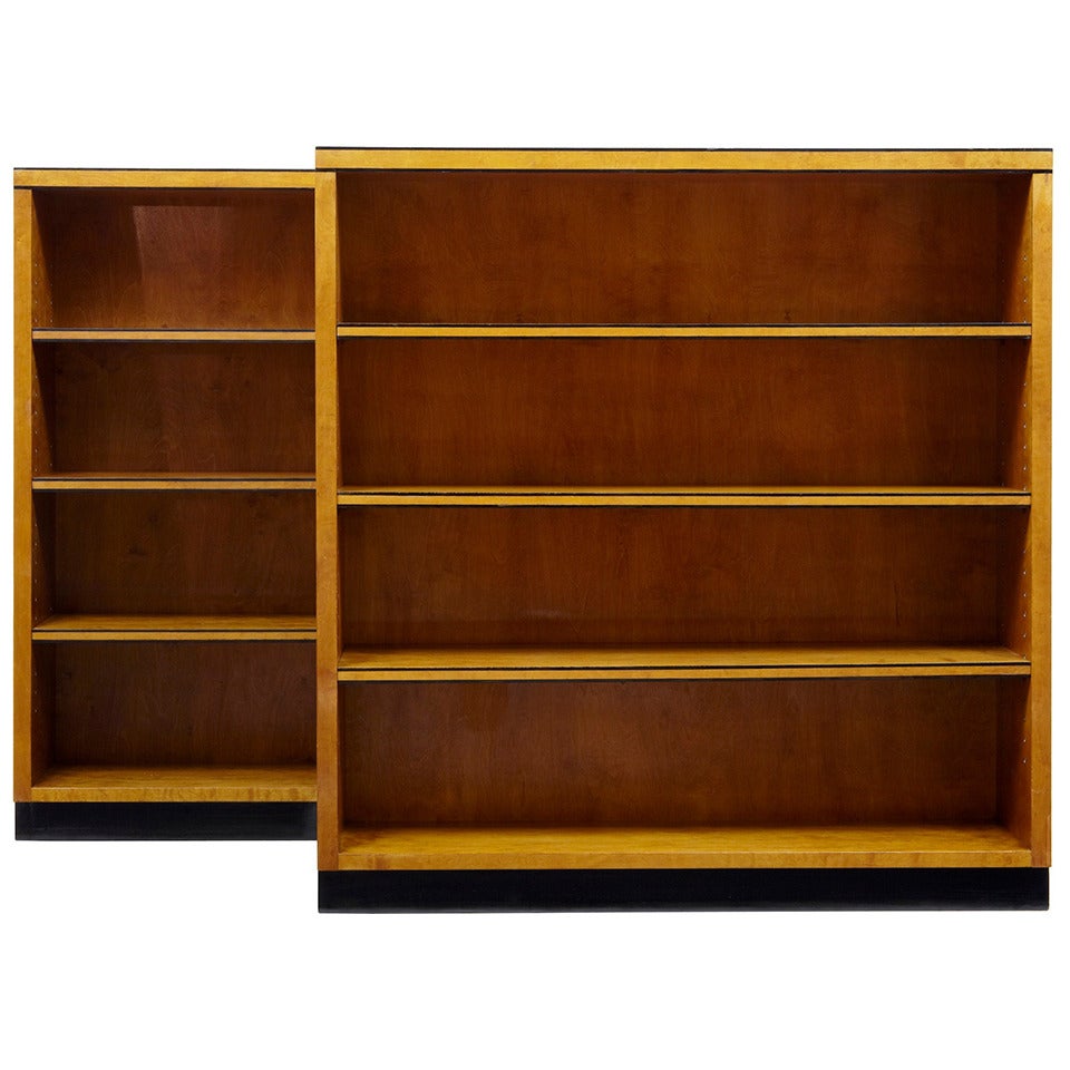 Pair of Art Deco Birch and Ebonised Open Bookcases
