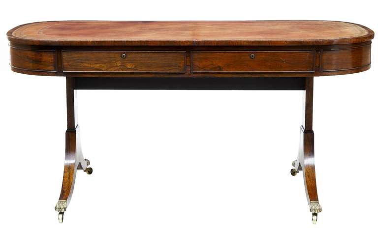 Fine Quality Pure Regency Rosewood Library Table / Desk Circa 1810 - 1815.

This Table Is The Finest Model When It Comes To Library Tables Of Its Type, D End Shape, Brahmer Locks, Original Thick Tooled Leather Writing Surface. High Stretcher With