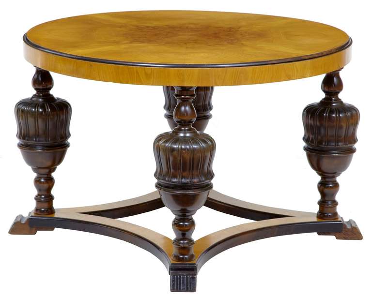 Stunning Burr Elm Top To This Art Deco Coffee Table Circa 1920.

Baluster Turned Legs United By Concave Stretcher. Stunning Colour.