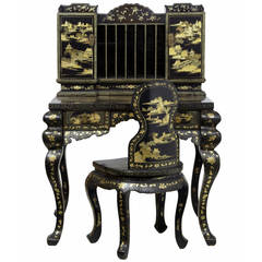 Antique 1920s Oriental, Black Lacquered and Gold Decorated Desk and Chair