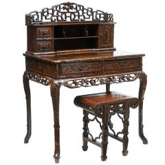 Antique 19th Century Carved Hongmu Chinese Desk and Stool