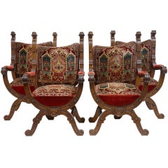 Set of 4 19th Century Carved Oak X Frame Throne Armchairs