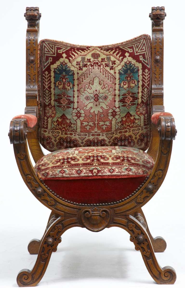 Set of 4 19th Century Carved Oak X Frame Throne Armchairs