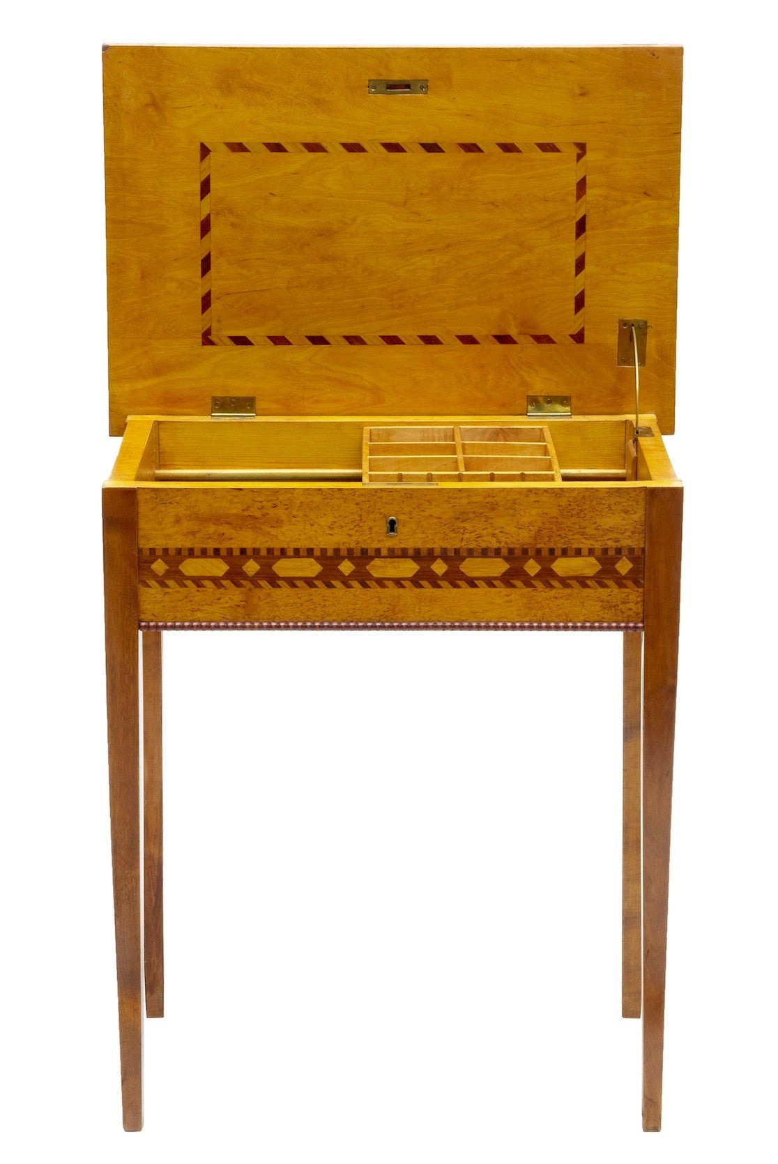 Inlaid with walnut and rosewood, birch sewing table, circa 1880. 

Flip-top lid opens to reveal a fitted interior with sliding compartment. 

Standing on tapering legs.

Measures: Height 26 3/4"

width 23 1/4"

depth 16".