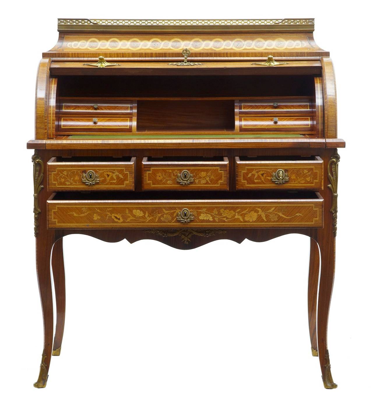 Fine quality ladies cylinder desk stamped and by S&H jewells of Holborn, circa 1870. 

Superb standard of marquetry by one of London's top makers in the 19th century. 

Inlaid with satinwood, kingwood, rosewood and boxwood. 

Profusely inlaid