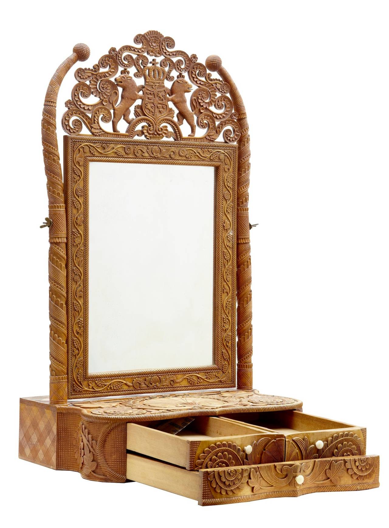 Rare and stunning table mirror, circa 1870. 

Fine example of carving which we struggled to identify origin wise, but it is Swedish with a strong Indian influence. 

Highest level of carving. 

Main feature is the coat of arms, which shows