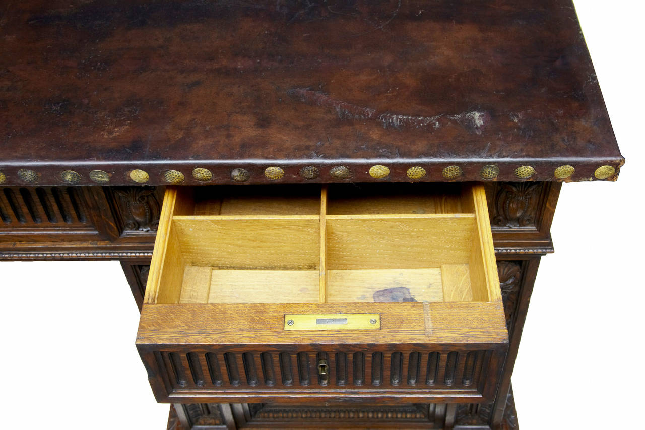 Hand-Carved 19th Century Carved Oak Pedestal Desk with Inbuilt Safe