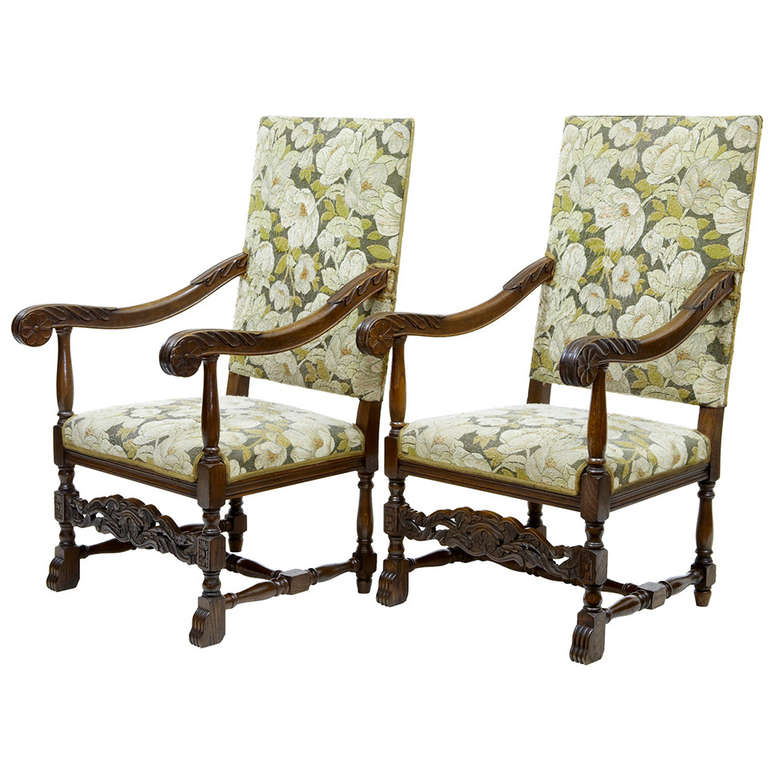 Pair of 19th Century Carved Oak Throne Armchairs