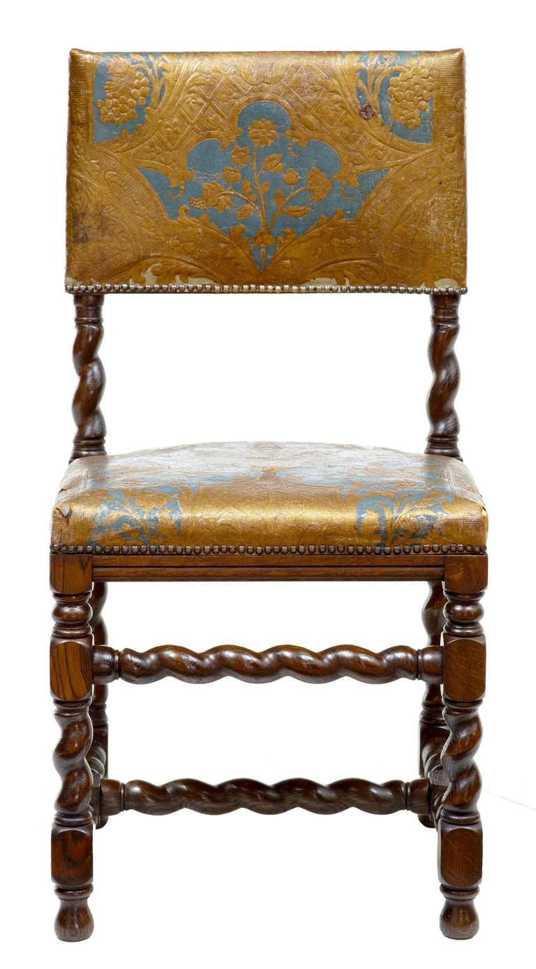 English Rare Set of 18 Cromwellian Polychrome Leather Oak Dining Chairs, 19th Century