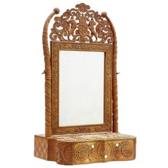 Antique Rare 19th Century Swedish Carved Birch Table Mirror with Indian Influence