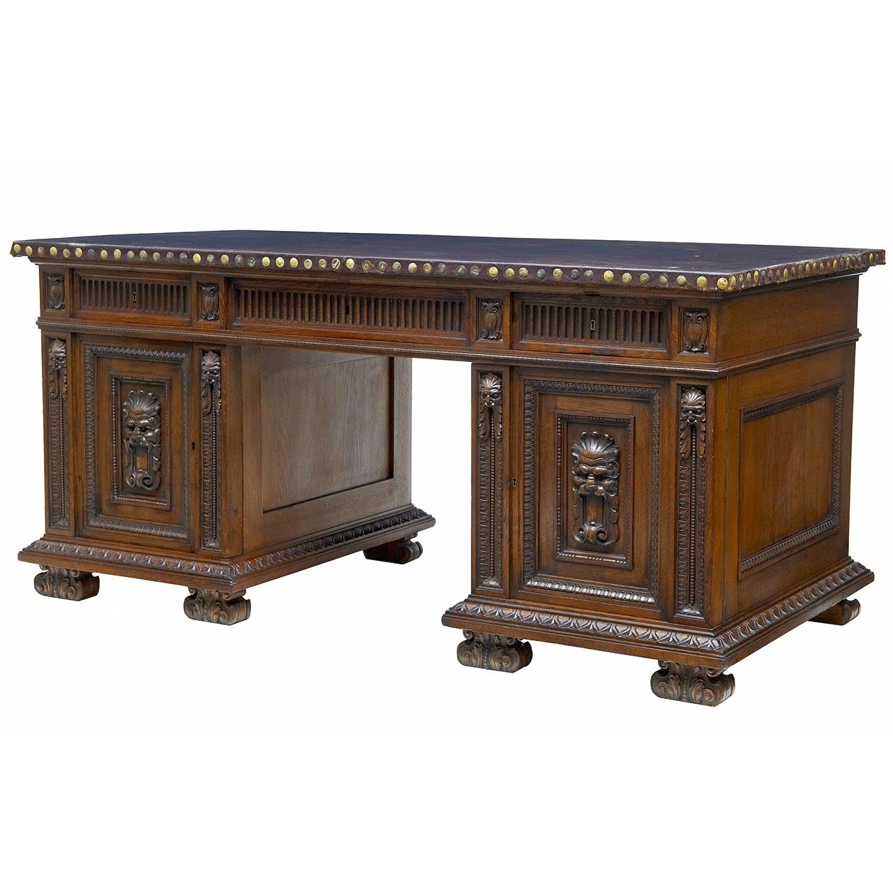 19th Century Carved Oak Pedestal Desk with Inbuilt Safe