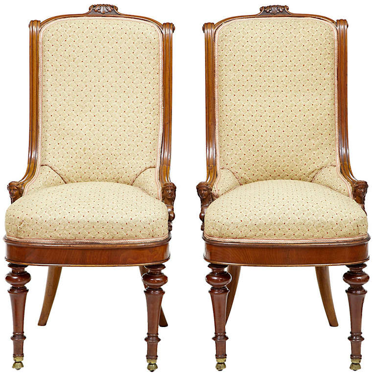 Pair of Carved Mahogany Empire Influenced Nursing Chairs