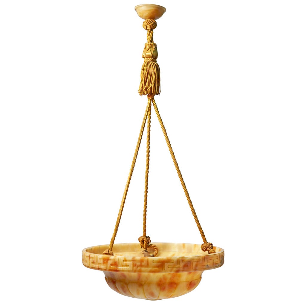 20th Century Art Deco Carved Greek Key Alabaster Chandelier at 1stDibs