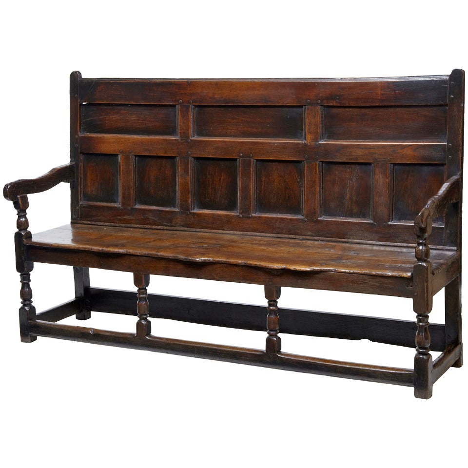 17th Century English Oak Panel Back Settle Bench