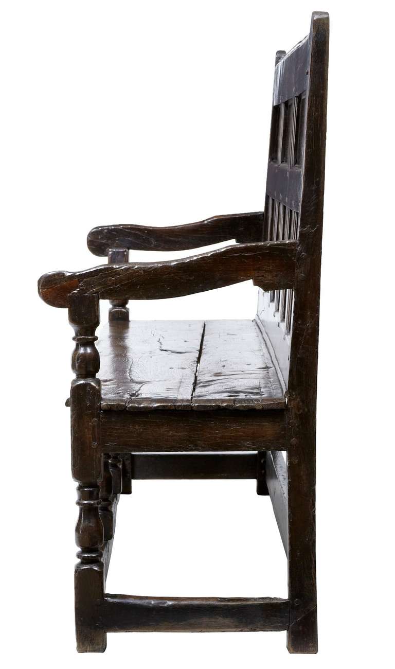 Polished 17th Century English Oak Panel Back Settle Bench