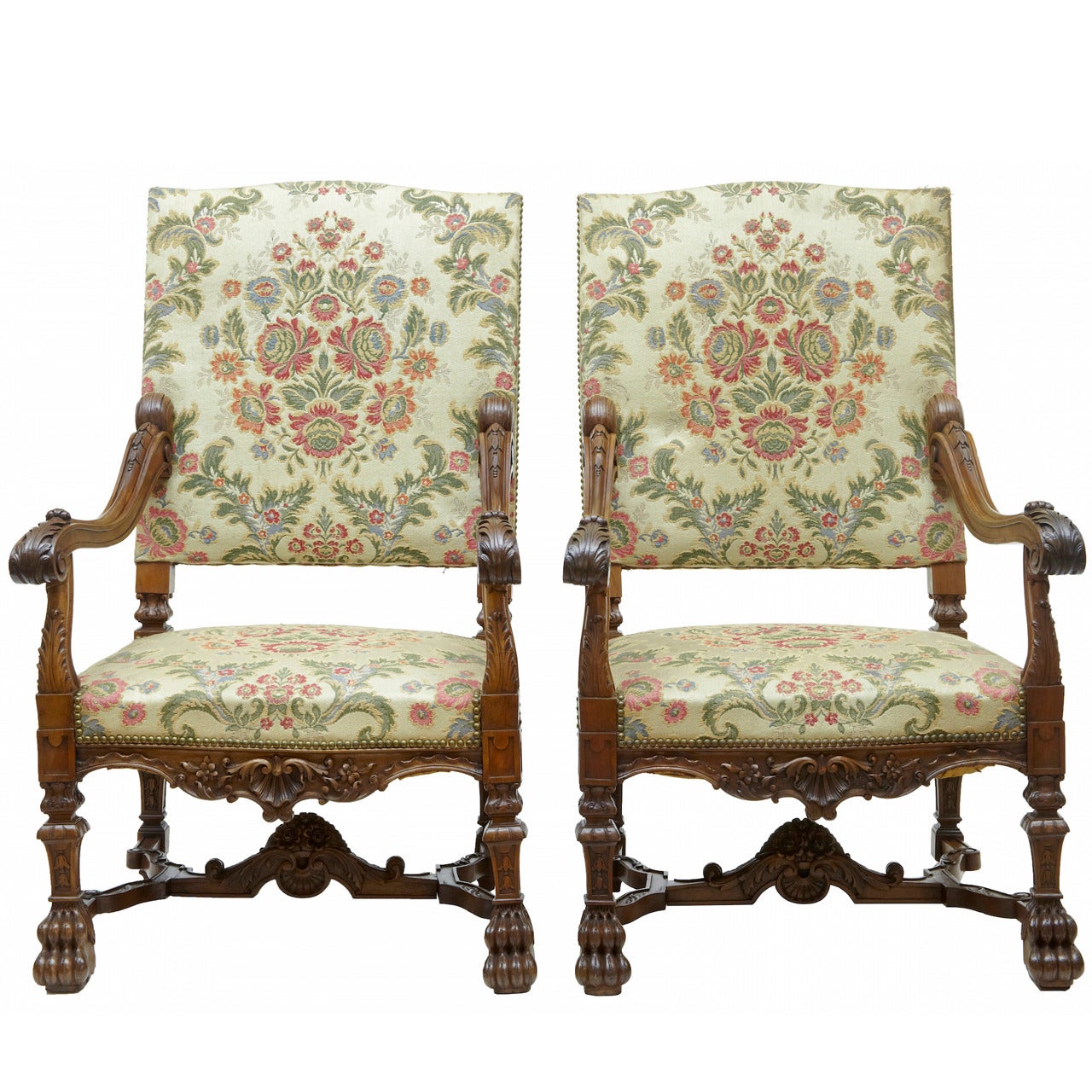 Superb Pair of 19th Century Carved Walnut, French Armchairs