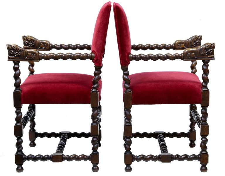 English Pair of Late 19th Century Carved Oak Baroque-Influenced Armchairs
