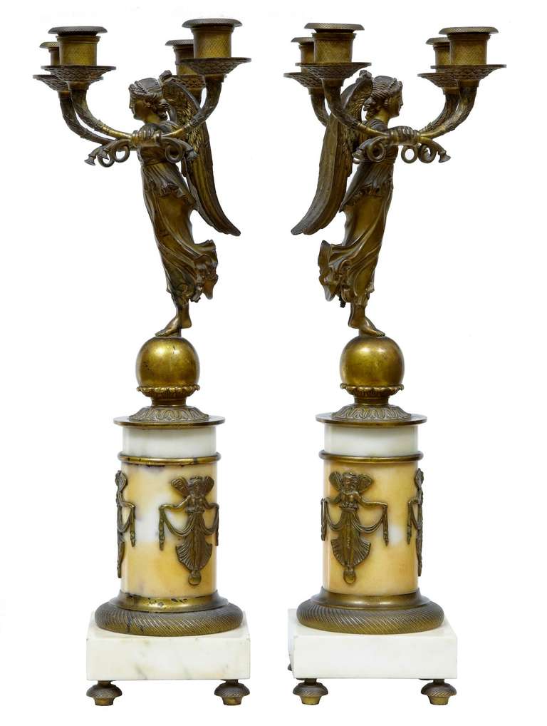 Pair of French Empire Ormolu and Alabaster Candelabra