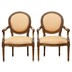 Pair of 19th Century Carved French Walnut Open Armchairs