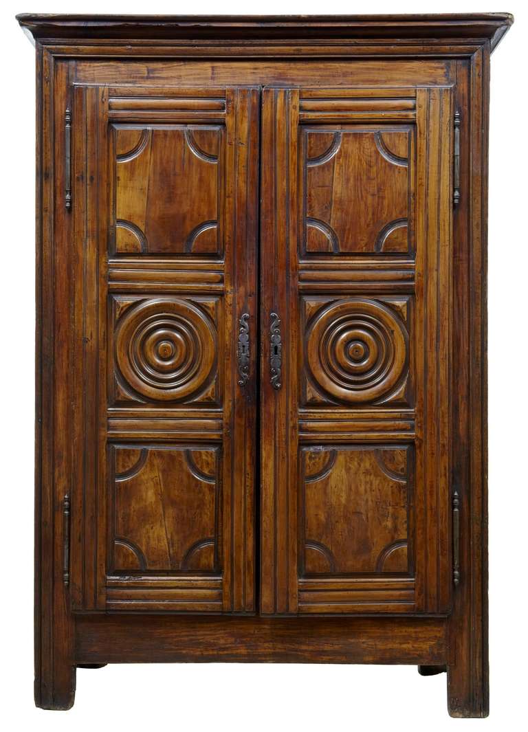 Original French fruitwood armoire, circa 1780.

With good color this French armoire would make a ideal Tv unit or for its intended use.

Original hinges and escutheons, double doors open up to reveal and interior of a small tapered shelf at the