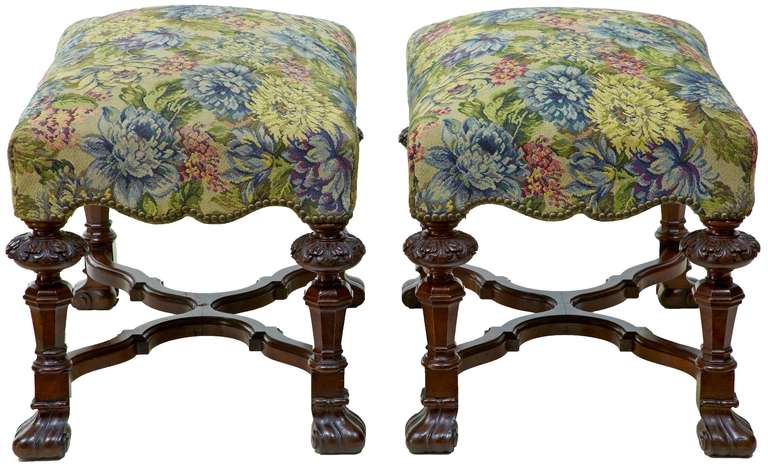 Pair of 19th Century Daniel Marot Style French Walnut Stools