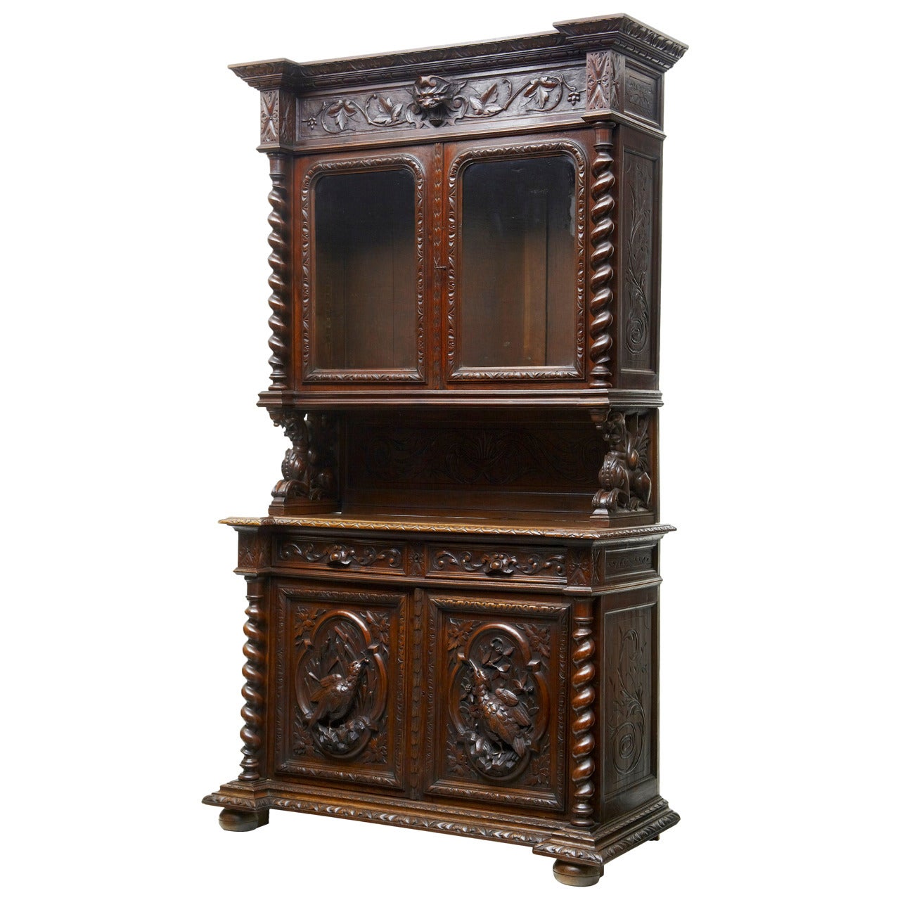 19th Century Profusely Carved Oak Flemish Hunt Dresser Buffet