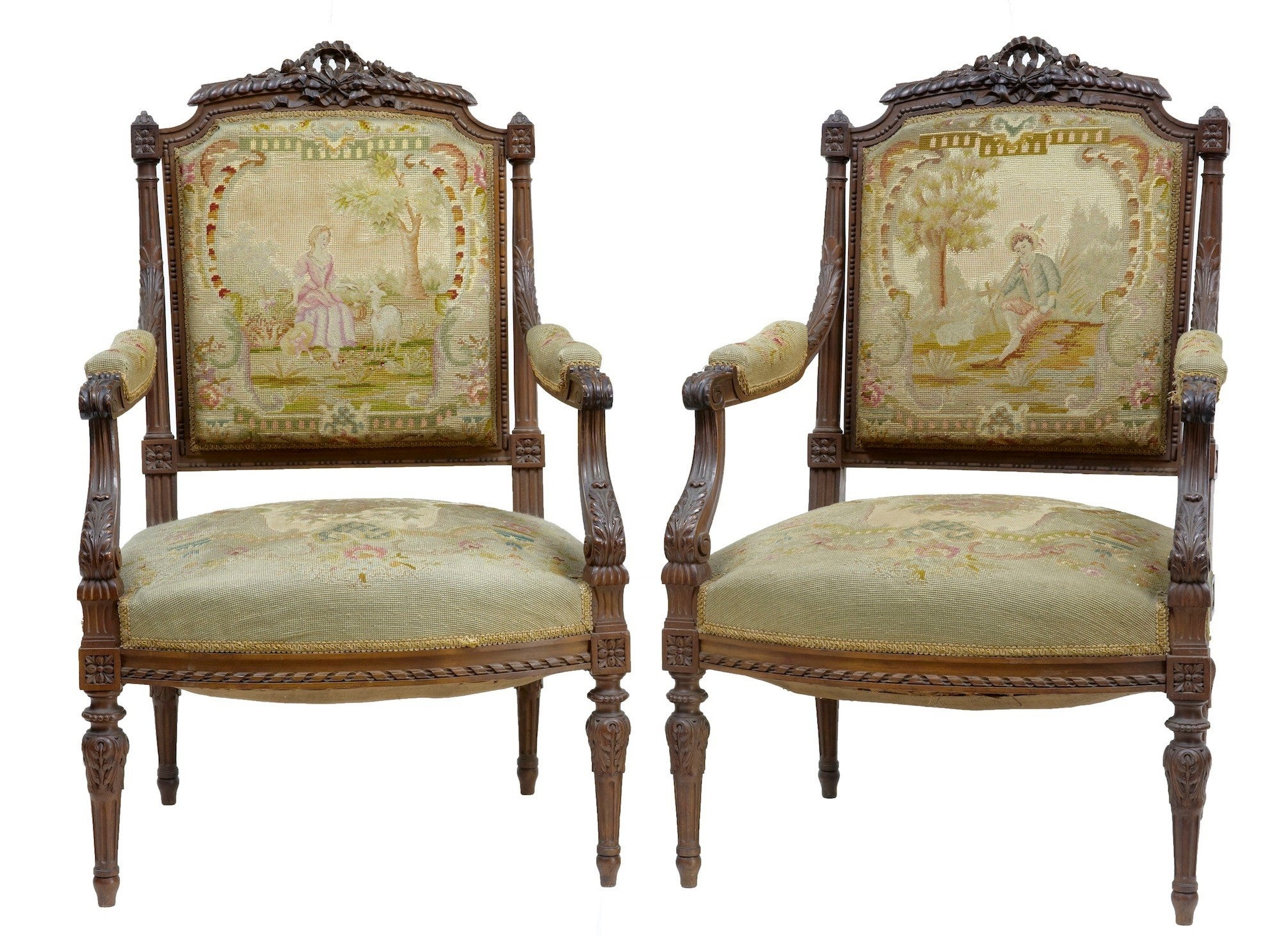 19th Century French Carved Walnut Tapestry Armchairs