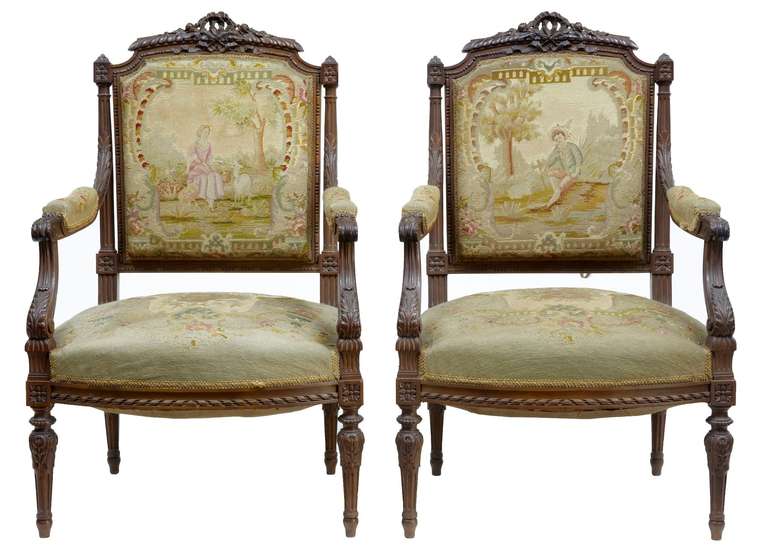 19th century French carved walnut tapestry armchairs

Can be cleaned if requested.