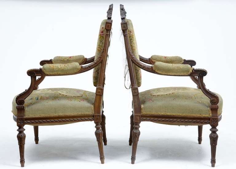 Hand-Carved 19th Century French Carved Walnut Tapestry Armchairs