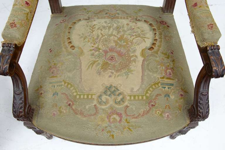 19th Century French Carved Walnut Tapestry Armchairs 2