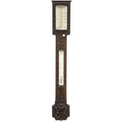 19th Century Victorian Carved Oak Barometer Thermometer