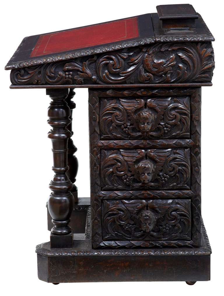 English 19th Century Victorian Carved Oak Davenport Writing Table