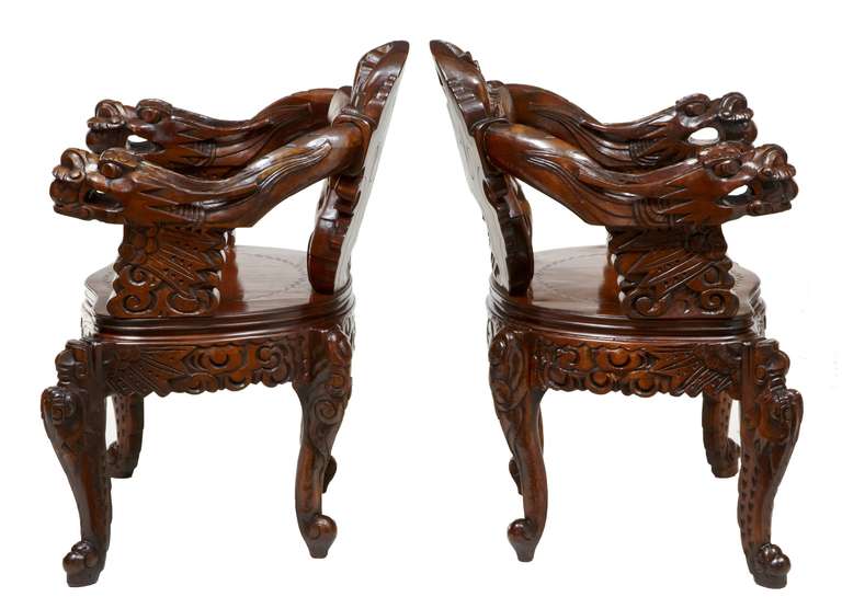 Chinese Export Set of Four Carved Chinese Armchairs with Matching Coffee Table