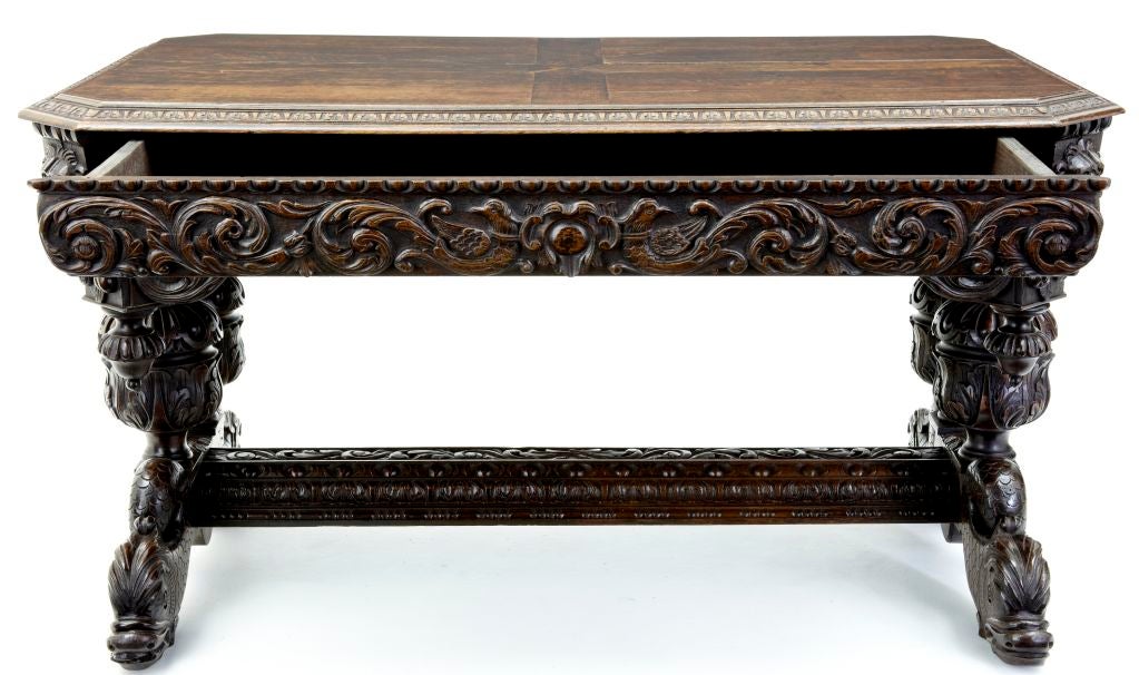 MID VICTORIAN SOLID OAK CARVED TABLE WITH DRAWER SEAT 6