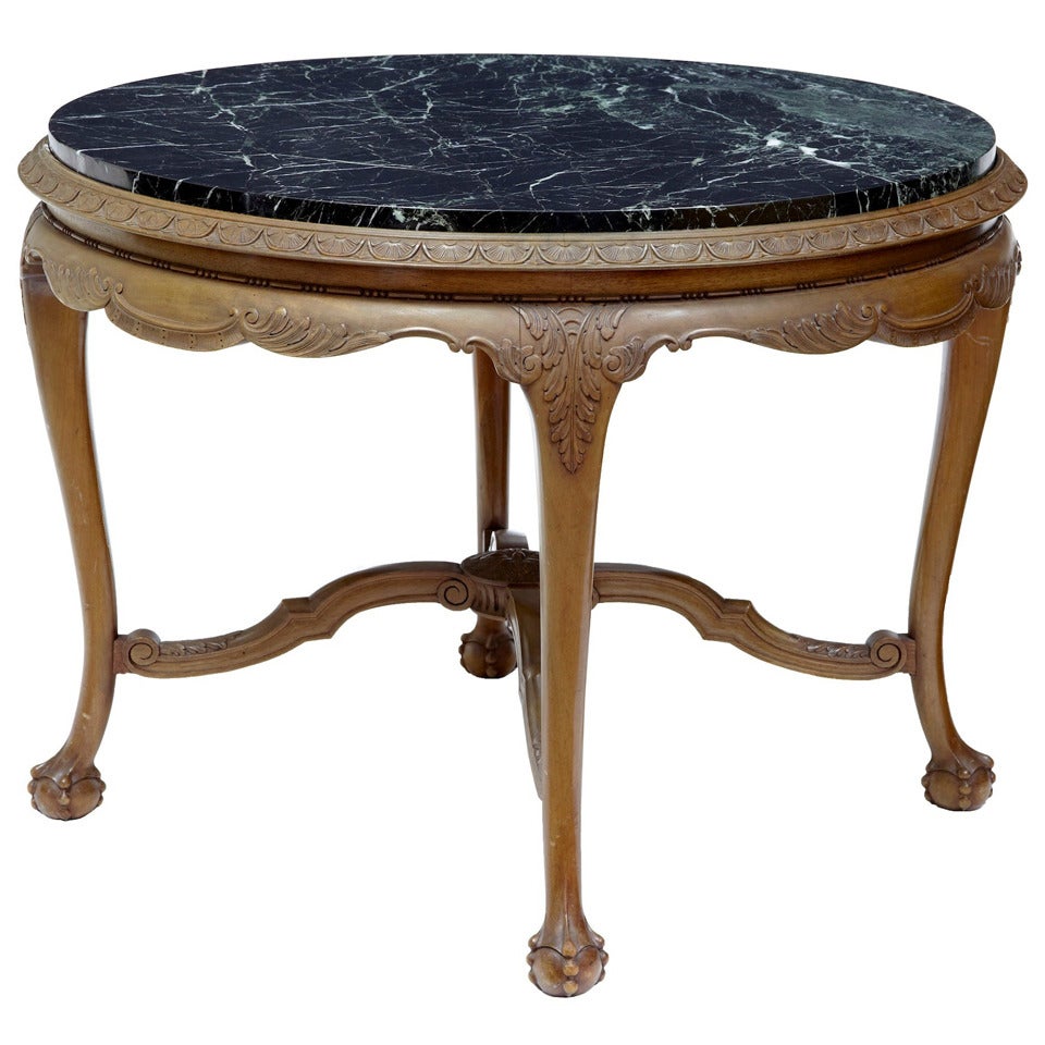 19th Century Carved Walnut Marble Top Center Table