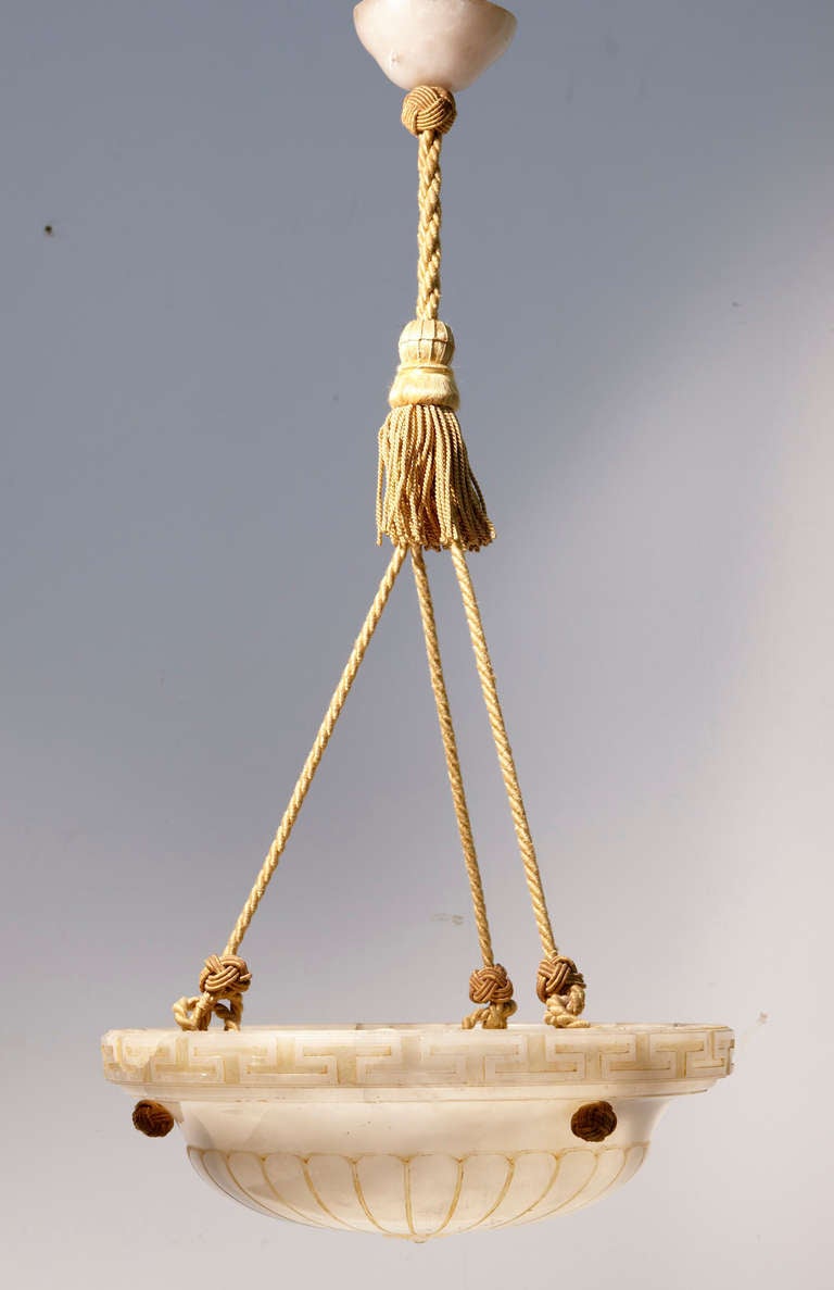 Stunning Art Deco Period Alabaster Ceiling Light Circa 1920.

Simply A Beautiful Alabaster Dome Shaped Light, Featuring A Carved Greek Key Motif Round The Outer Edge

Fitted With Original Light Fittings...

We Recommended In The Interest Of