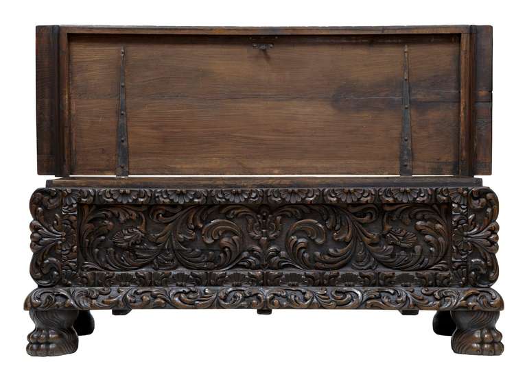 Profusely Carved Italian Cassone With Earlier Elements Circa 1850.

Deeply Carved With Foliage, Standing On Stylised Paw Feet.