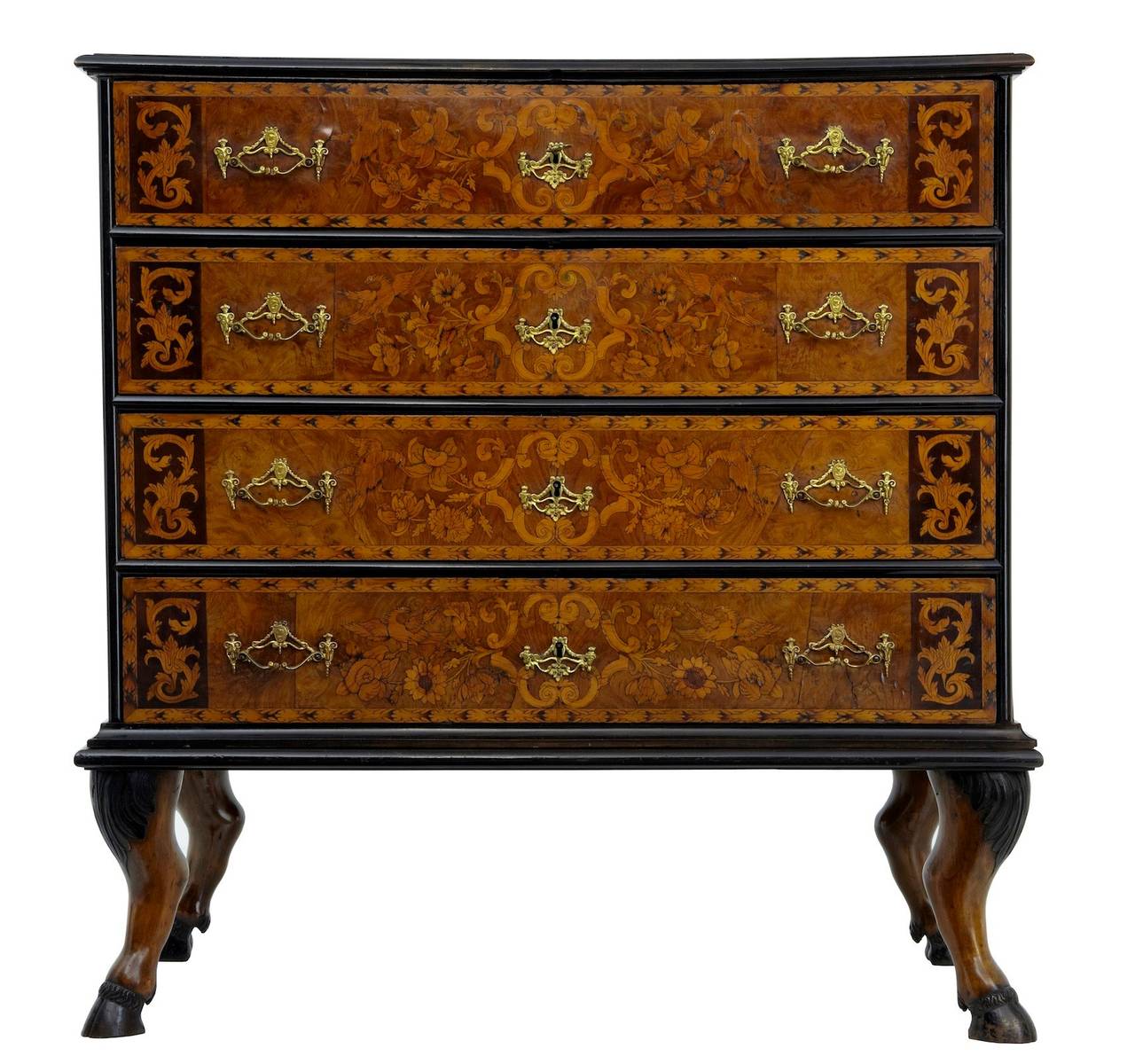 Early 19th century and later continental Marquetry chest on stand
Stunning early 19th century chest, circa 1800 on later 19th century stand.
Rare floral marquetry four drawer chest of drawers, profusely inlaid with walnut, ebony, boxwood and