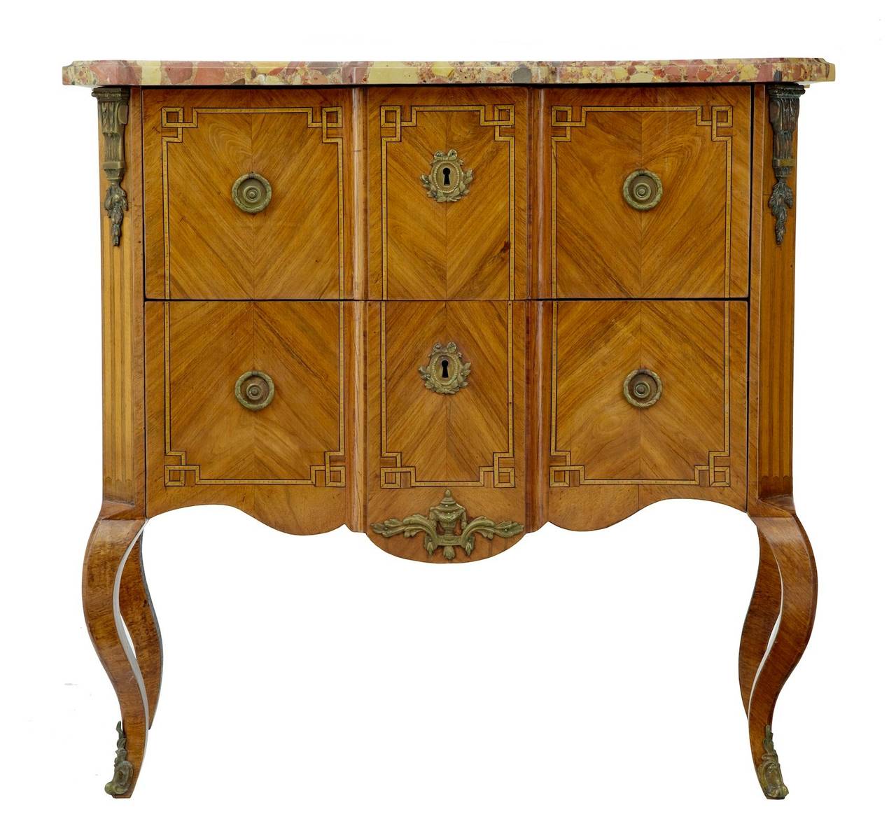 Good quality French commode, circa 1860.
Two-drawer shaped front kingwood chest, with satinwood inlay and ebony stringing.
Original ormolu handles and mounts.
Stunning marble-top with one loss to back edge (see picture)
Standing on cabriole
