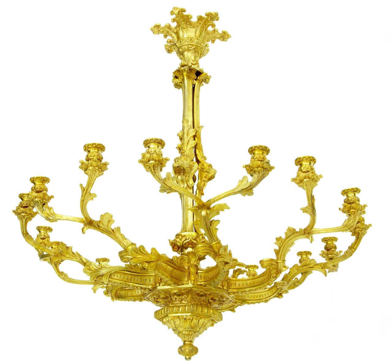 Chandelier of the finest quality, circa 1880.
French made ormolu with mercury gilding.
8 arms which hold 2 candles each, 16 in total.
Has been previously wired for electrical use but wires no longer present.

Measures: Height drop 38
