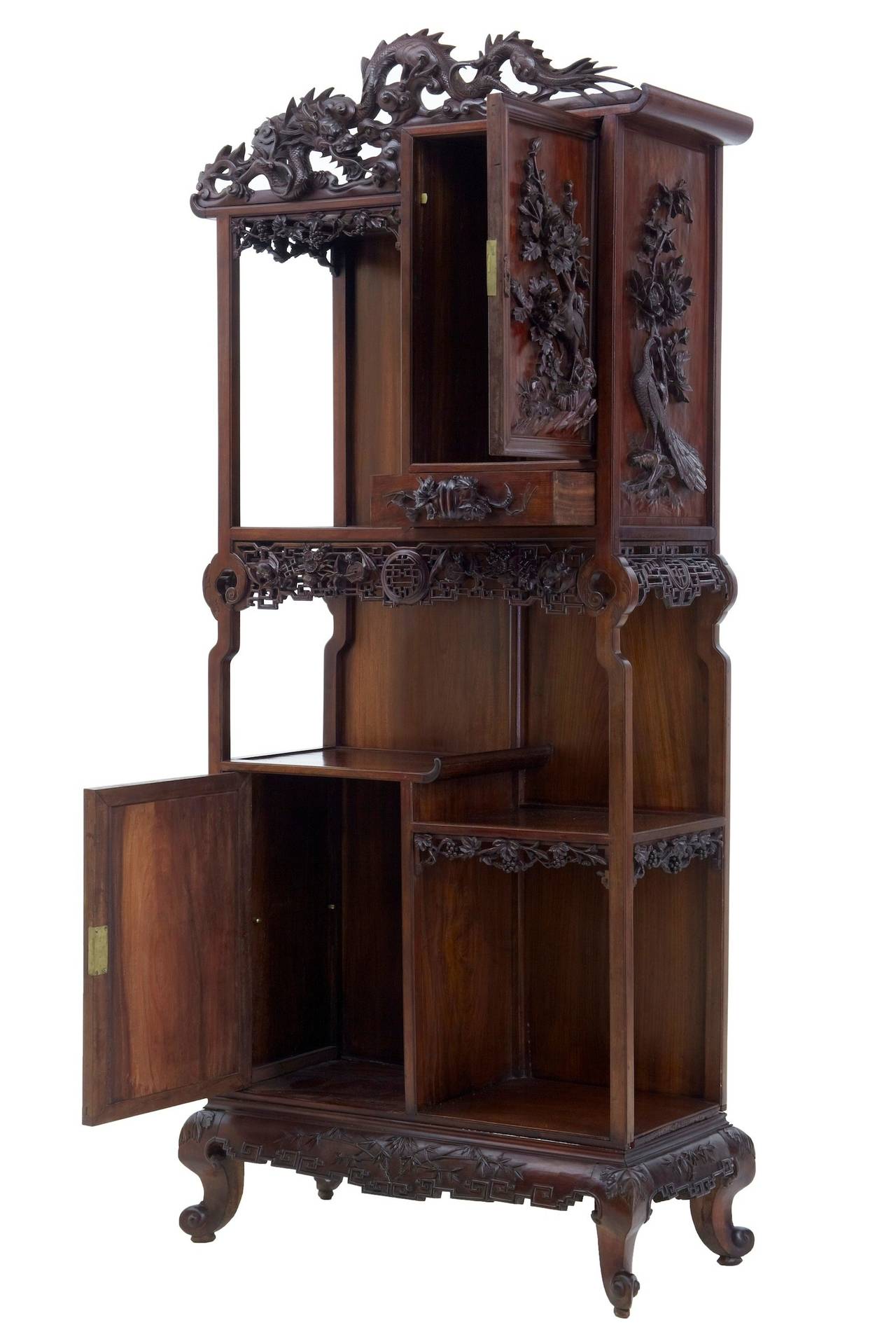 Chinese Export 19th Century Carved Oriental Hardwood Chinese Display Cabinet
