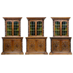 Set of Three 19th Century Flemish Carved Oak Corner Cupboard Cabinets