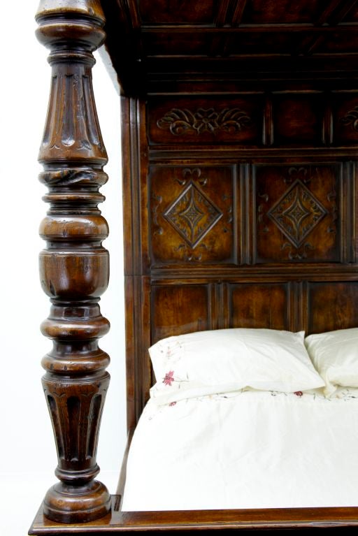 WILLIAM AND MARY STYLE CARVED OAK FOUR POSTER BED <br />
THIS BED IS HANDMADE FROM START TO FINISH IN SUFFOLK, USING ENGLISH OAK.