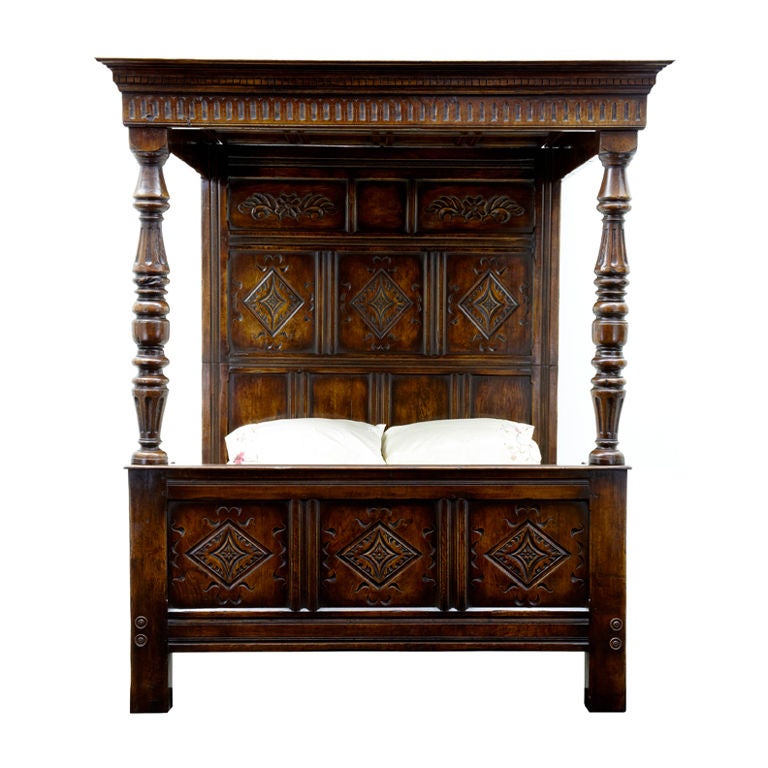 William And Mary Style Carved Oak Four Poster Bed