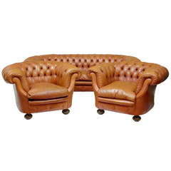 Vintage 20th Century Leather Chesterfield Suite Sofa and Armchairs