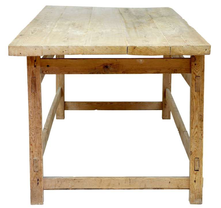 Fine piece of Swedish rustic furniture which could lend itself to many uses, such as a desk, kitchen table, dining table.<br />
<br />
The mortise and tenon joints could be taken apart and re-glued by customer for flat packing to allow cheap