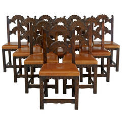 Vintage Set of Ten 20th Century Carved Oak Derbyshire Dining Chairs