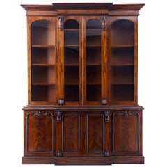 Early Victorian 19th Century Flame Mahogany Breakfront Bookcase